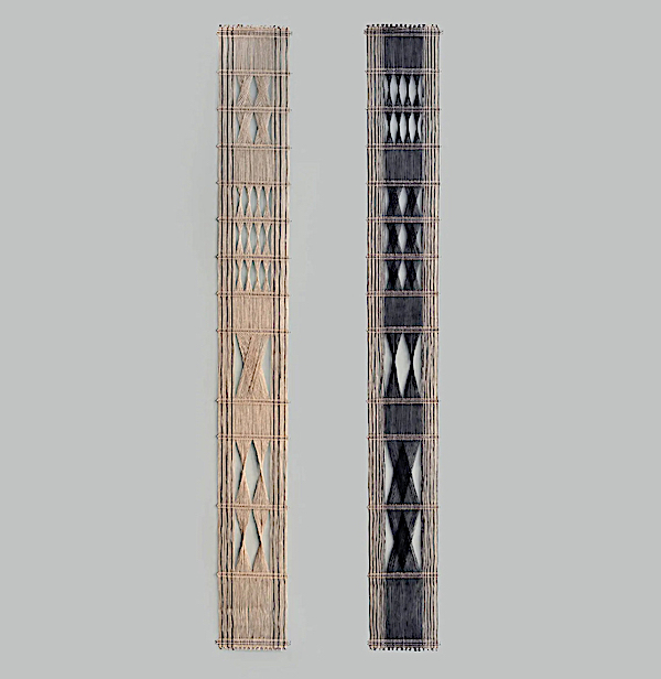 A pair of macrogauze wall hangings of woven linen and stainless steel, each signed “P. Collingwood” and titled (on a metal strip), together earned $7,482 plus the buyer’s premium in October 2021. Image courtesy of Lyon & Turnbull and LiveAuctioneers.