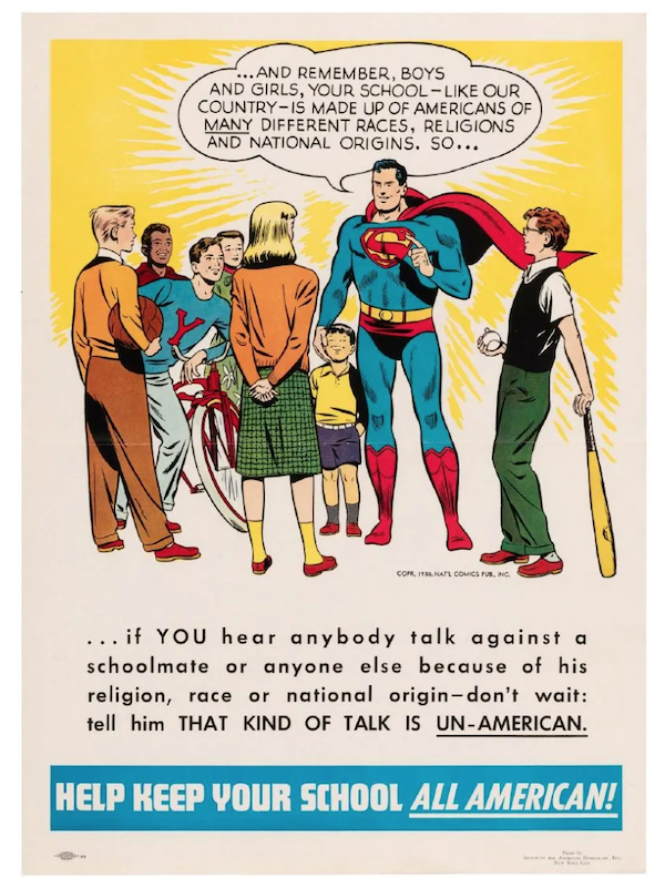 A Superman ‘Help Keep Your School All American!’ poster from 1950 made for display in schools, realized $7,333 plus the buyer’s premium in November 2018. Image courtesy of Hake’s Auctions and LiveAuctioneers.