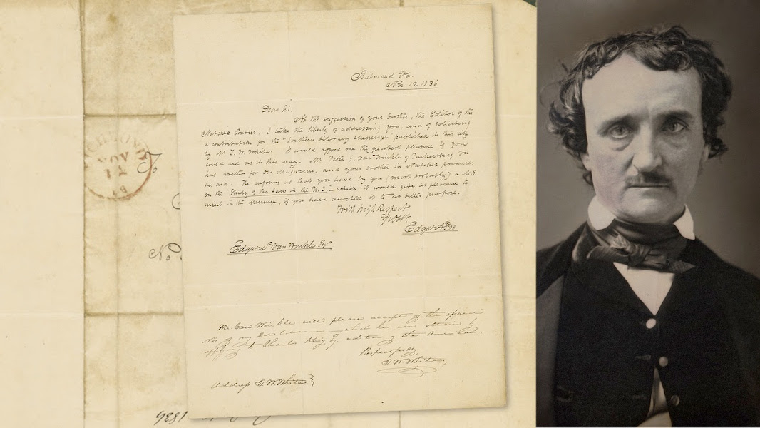 Handwritten November 1836 letter by Edgar Allan Poe, estimated at $125,000-$150,000