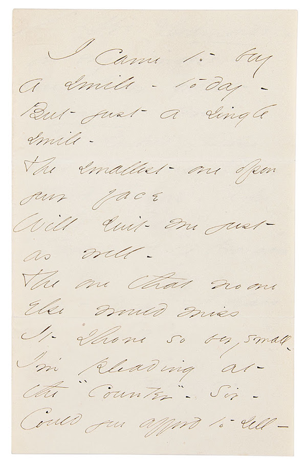 Poem handwritten and signed by Emily Dickinson, estimated at $50,000-$75,000