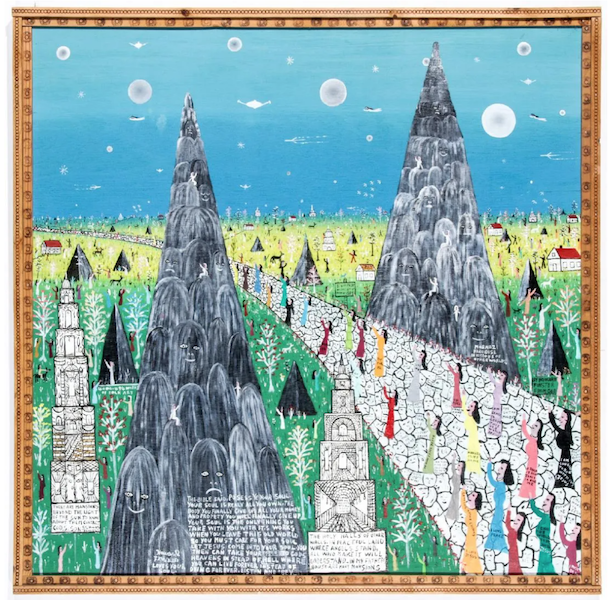 Howard Finster’s ‘Visionary Landscape’ brims with religious imagery and prophetic messaging. It realized $25,000 plus the buyer’s premium in April 2018. Image courtesy of Material Culture and LiveAuctioneers.