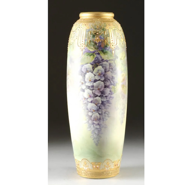 A Nippon porcelain parcel gilt and jeweled hand painted vase with wisteria, 17-⅝in tall, earned $5,250 plus the buyer’s premium in February 2014. Image courtesy of Simpson Galleries, LLC and LiveAuctioneers.