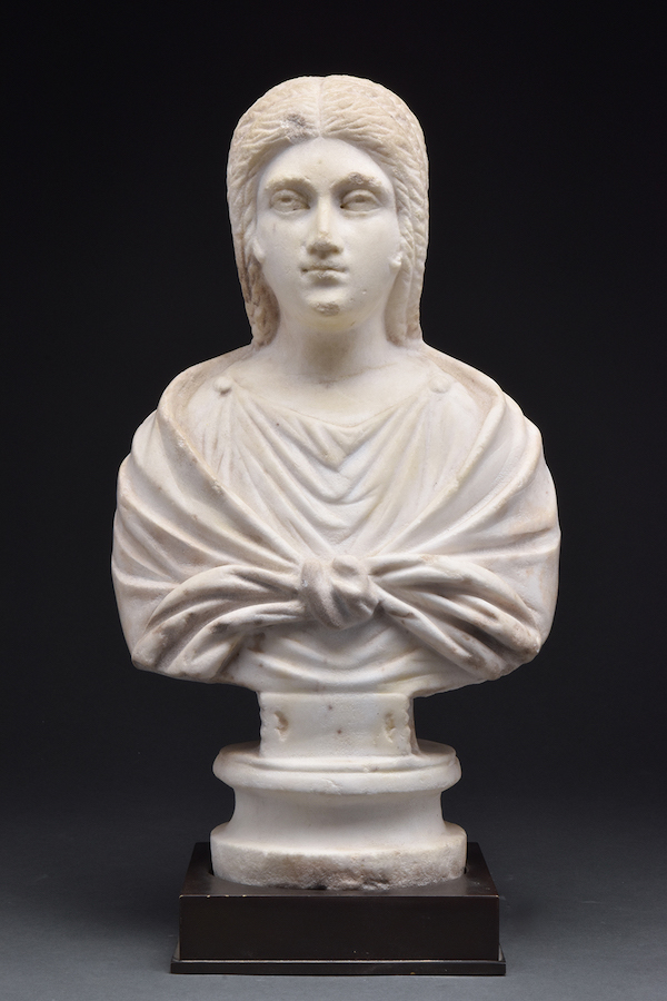 Roman Imperial marble bust likely depicting Empress Julia Domna, wife of Septimus Severus late 2nd century AD. Size: 320mm (12.6in) high; 2.45kg (5lbs. 6oz). Provenance: property of a London doctor; New York private collection; Gorny & Mocsch, Munich; an old Bavarian collection. Estimate: £15,000-£30,000 ($17,415-$34,830). Image provided by Apollo Art Auctions, London