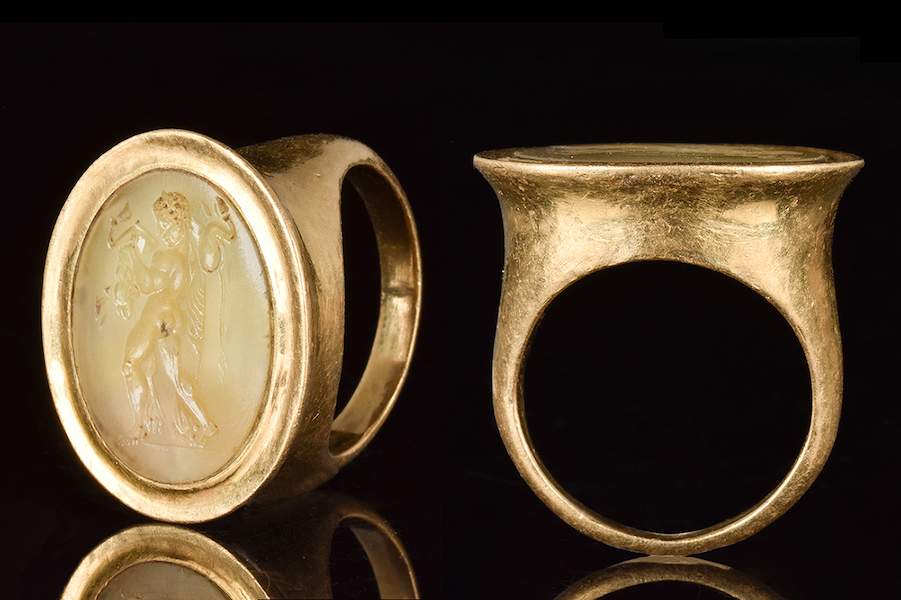 Circa 100-300 AD gold ring with oval-shape stone intaglio engraved with scene of the first of 12 labors of Hercules: killing the Nemean Lion. Similar to example in The Israel Museum, Jerusalem. Provenance: property of a London doctor; private Swiss family collection since 1980s. Estimate: £3,000-£5,000 ($3,485-$6,970). Image provided by Apollo Art Auctions, London