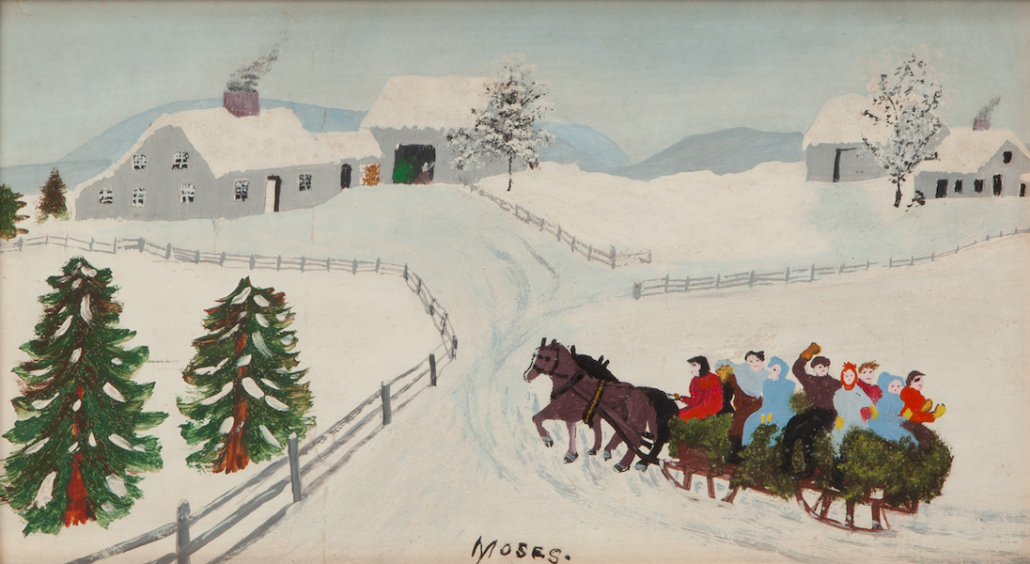 Grandma Moses, ‘We Have All Gone Sledding,’ estimated at $25,000-$30,000