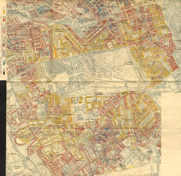 Charles Booth 1902 map charting poverty in London, showing the well-heeled areas of Mayfair, Chelsea, Kensington, Notting Hill and others, estimated at $2,500-$3,000