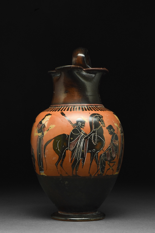 After the Lysippides Painter, Attic black-figure oinochoe, circa 510-500 BC. Art on body represents episode of the Dioscuri returning home, with Kastor standing, holding two javelins and his horse’s bridle. Independently TL-tested by Ralf Kotalla. Size: 140mm (5.5in) high x 290mm (11.4in) wide. Provenance: property of a London doctor; an English private collection; purchased from art gallery in the 1970s or early ’80s. Accompanied by 1970s black & white photo. Estimate: £7,500-£15,000 ($8,707-$17,414). Image provided by Apollo Art Auctions, London