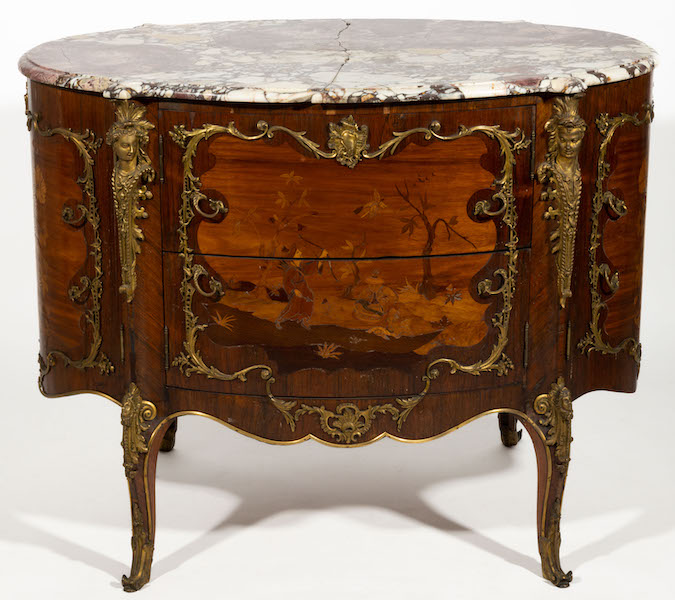 French Louis XV-style marquetry-inlaid and ormolu-mounted commode with Virginia governor history, estimated at $2,000-$3,000