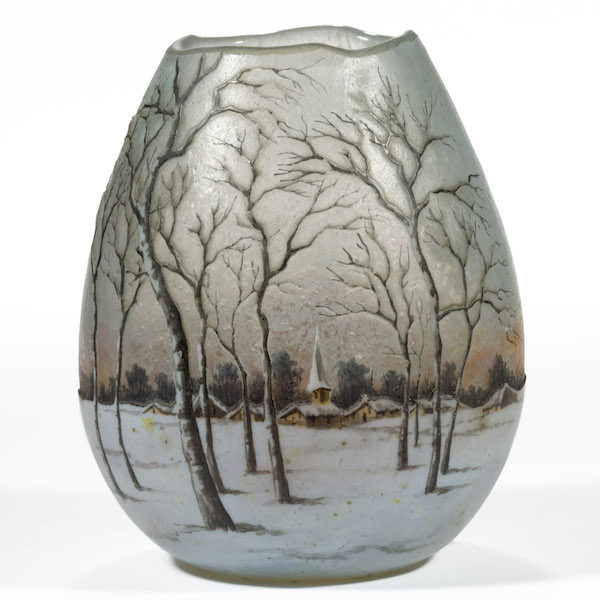  Daum Nancy winter landscape art glass cameo vase, estimated at $2,000-$3,000