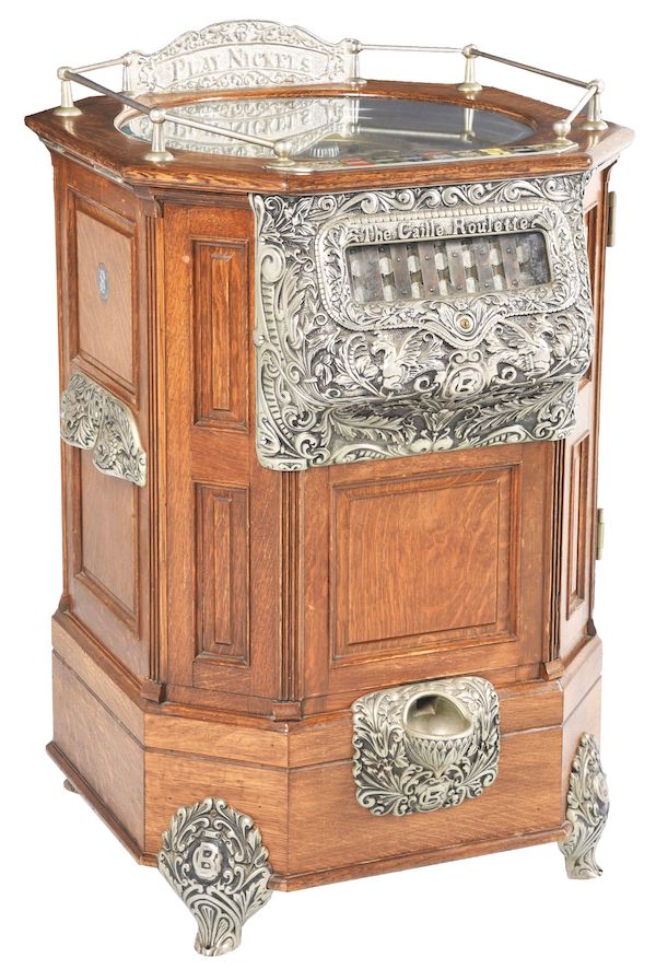 Circa-1904 Caille Bros. 5-cent Roulette floor-model slot machine with seven coin-slots. Fresh to the market after being purchased from The Las Vegas Club in the 1970s. Finest original Caille Roulette machine that Morphy’s specialists have ever seen. Estimate $200,000-$300,000. Courtesy of Morphy Auctions