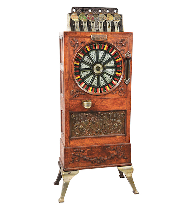 Pre-Caille 5-cent ‘Puck’ floor wheel upright slot machine. Estimate $12,000-$20,000. Courtesy of Morphy Auctions