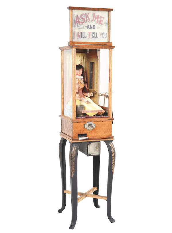 Roovers ‘Madam Zita’ 1-cent fortune-teller machine with highly detailed female automaton dressed in original period Victorian clothing. One of few original examples of Madam Zita figure. Working, with keys. Replacement marquee. Estimate $25,000-$50,000. Courtesy of Morphy Auctions