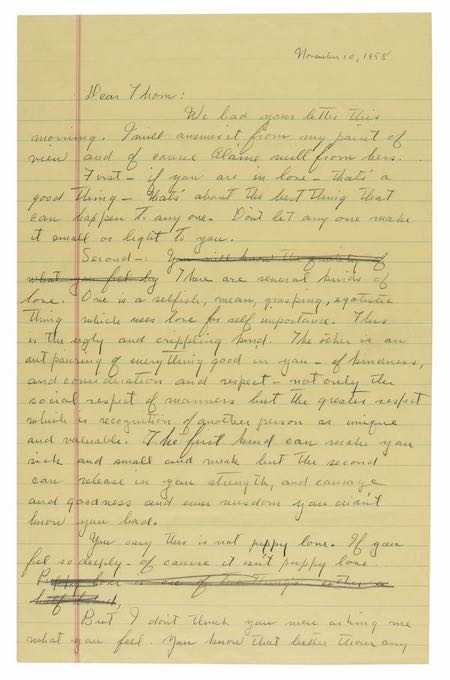  First page of a 1958 letter from author John Steinbeck to his 14-year-old son, Thomas, $32,426