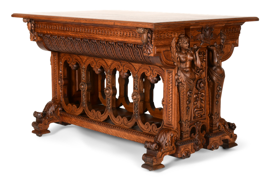 American figural carved oak library table, $15,000