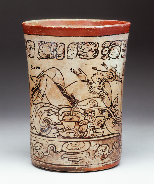 Codex-style vessel showing the rebirth of the Maize God. Structure II, Tomb 1, Calakmul, Campeche, Mexico, 650–800. Ceramic, pigment, H. 6 1/8in. (15.5cm). Museo Nacional de Antropologia, Mexico City, SECRETARIA DE CULTURA.-INAH.- MEX.- Reproduccion Autorizada 