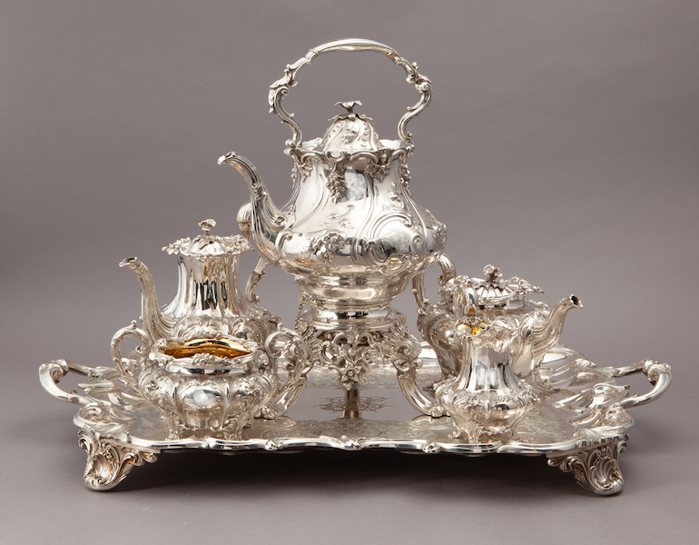 Circa-1832 five-piece English sterling silver tea service, estimated at $2,000-$3,000