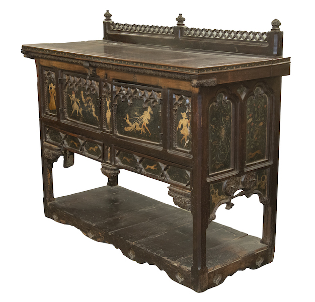 Gothic period Continental paint-decorated black walnut hunt chest or coffer, estimated at $7,000-$9,000