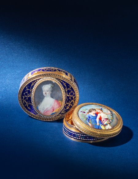 Gold, enamel, seed pearl and portrait-inset snuff box, estimated at $7,000-$9,000