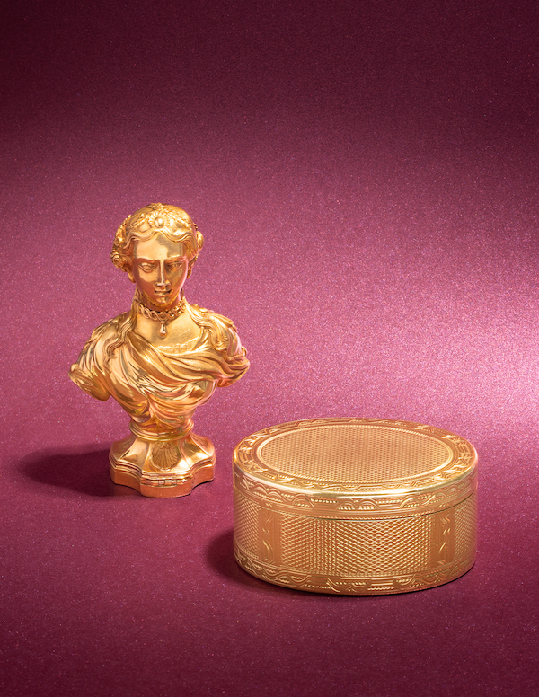 French gold figural compound scent flask, snuff box and hand-seal, $13,750
