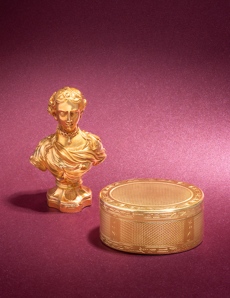French gold figural compound scent flask, snuff box and hand seal of ducal interest, estimated at $5,000-$7,000