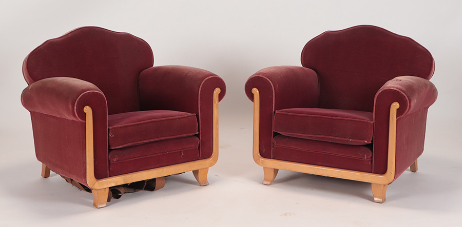 Pair of sycamore Art Deco club chairs, estimated at $1,000-$1,800