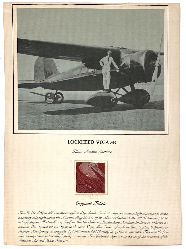  Amelia Earhart two-inch-square piece of fabric from the Lockheed Vega 5B she flew in 1932, estimated at $2,000-$2,500