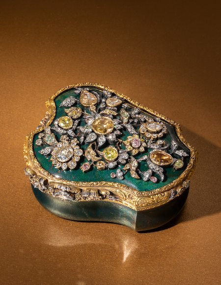 Diamond, colored diamond and gold-mounted bloodstone box, estimated at $25,000-$35,000