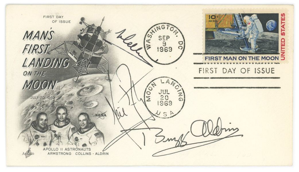 First day postal cover from September 9, 1969, commemorating the Apollo 11 moon mission, signed by Neil Armstrong, Michael Collins and Buzz Aldrin, estimated at $2,500-$3,000