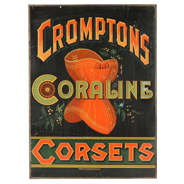 Circa-1880s Canadian-made Cromptons Coraline Corsets single-sided tin sign, estimated at CA$3,500-$5,000