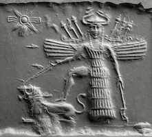 Cylinder seal (and modern impression) with goddesses Ninishkun and Ishtar Mesopotamia, Akkadian Akkadian period (ca. 2334–2154 B.C.). Courtesy of the Oriental Institute of the University of Chicago.