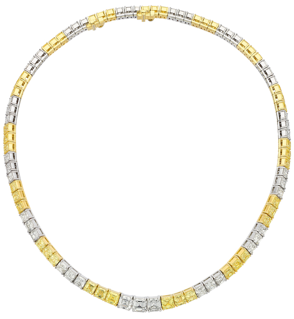 Platinum and 18K gold necklace set with almost 50 carats of Asscher-cut white and yellow diamonds, $162,500. Image courtesy of Heritage Auctions