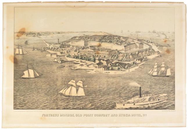  1861 lithograph showing Fortress Monroe, Old Point Comfort and the Hygeia Hotel, Va., estimated at $2,000-$3,000