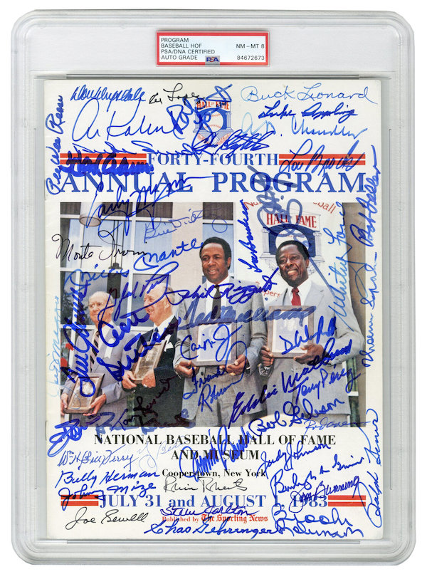Program guide from the 44th annual Baseball Hall of Fame induction ceremony in Cooperstown, New York in 1983, signed by more than 50 present and future Hall of Famers, estimated at $5,000-$6,000