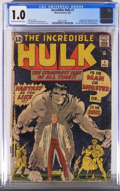 Copy of Marvel Comics’ ‘Incredible Hulk’ #1 from May 1962, graded CGC 1.0, featuring the origin and first appearance of the Incredible Hulk, estimated at $3,000-$5,000