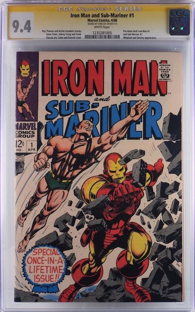 Copy of Marvel Comics’ ‘Iron Man and Sub-Mariner’ issue #1 from April 1968, graded CGC 9.4, predating both ‘Iron Man’ #1 and ‘Sub-Mariner’ #1, signed by Stan Lee and estimated at $1,800-$2,400