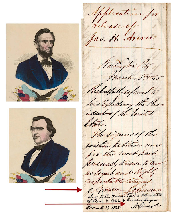 Civil War-dated amnesty petition signed by President Abraham Lincoln and Vice President Andrew Johnson, estimated at $14,000-$18,000