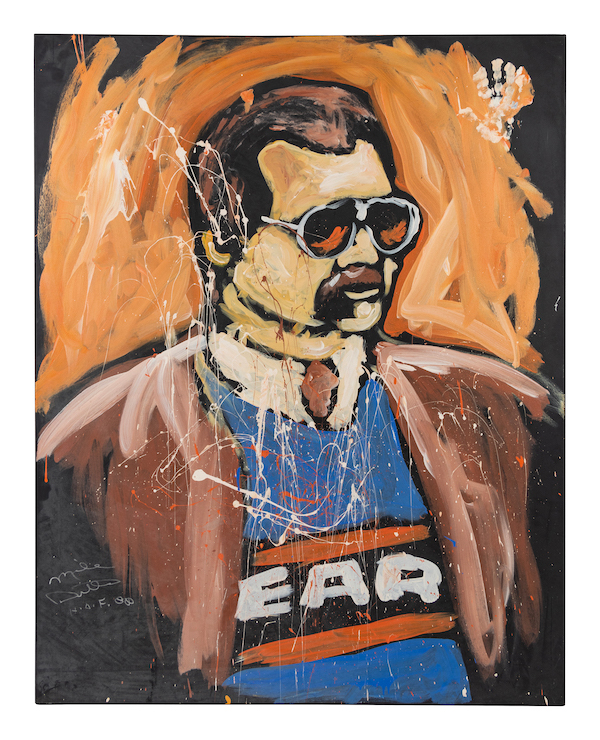  Portrait of Mike Ditka, shown wearing his trademark sunglasses and Bears sweater, signed by Ditka, estimated at $500-$700