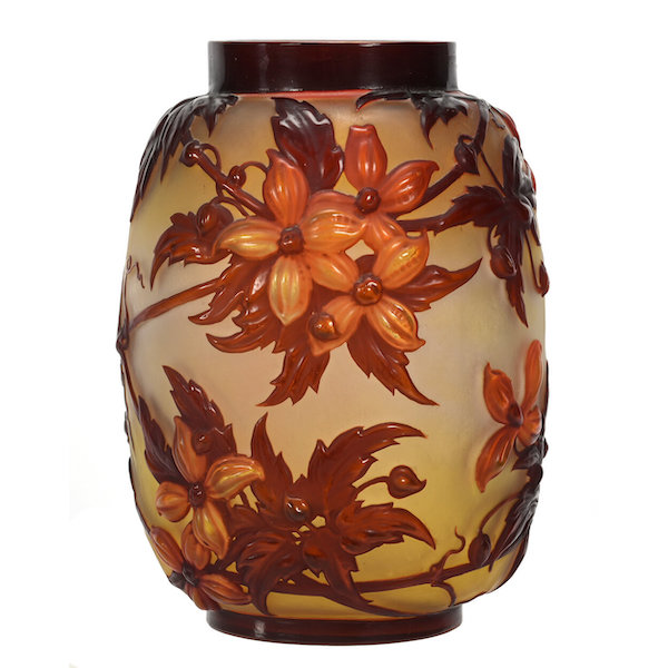 Signed Galle French cameo art glass vase featuring a clematis design with yellow and white ground amber cameo cutback overlay, estimated at $6,000-$12,000