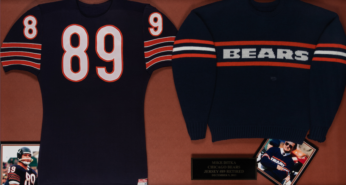Chicago Bears jersey and sweater seen at Mike Ditka’s number retirement ceremony on December 9, 2013, estimated at $30,000-$50,000