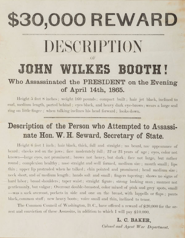 Lincoln assassination reward broadside, estimated at $20,000-$30,000
