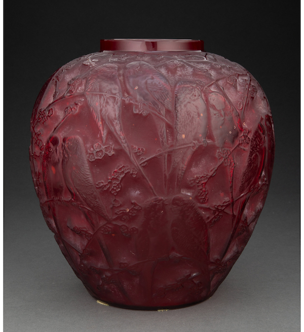 R. Lalique cased red Perruches vase, $30,000. Image courtesy of Heritage Auctions