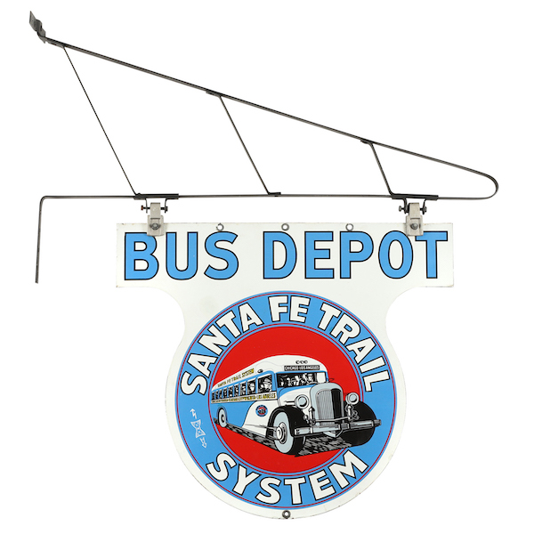 American 1940s Santa Fe Trail System Bus Depot double-sided porcelain sign, estimated at CA$8,000-$12,000