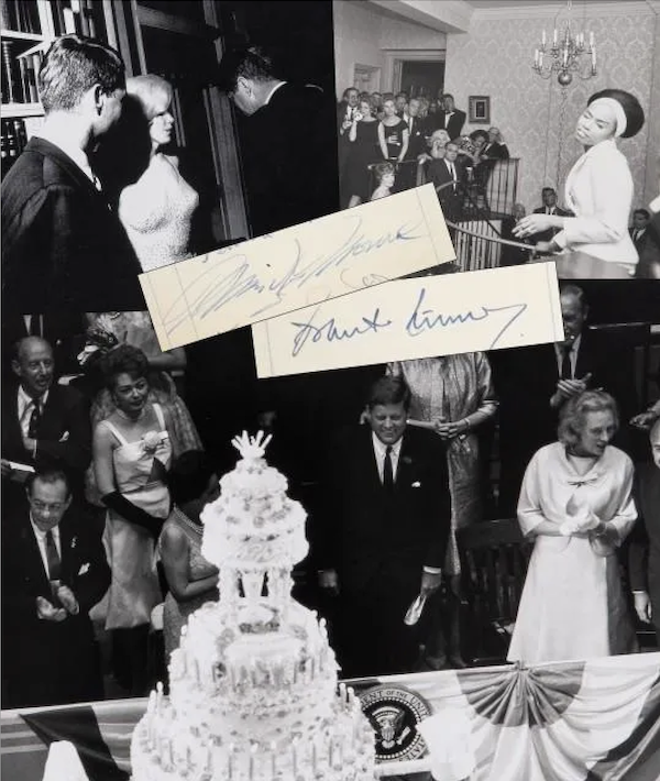 The only known signatures rendered by President John F. Kennedy and Marilyn Monroe on the evening she sang ‘Happy Birthday Mr. President’ to him at Madison Square Garden, estimated at $40,000-$60,000. Image courtesy of Doyle and LiveAuctioneers