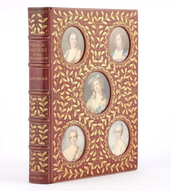 Book on French painters of the 18th century featuring a binding with hand-painted miniature portraits of Marie Antoinette and four others, estimated at $3,000-$5,000. Image courtesy of Doyle and LiveAuctioneers