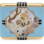 Vladimir Makovsky-decorated Art Deco gold, diamond, platinum, mother-of-pearl and hardstone-mounted enameled cigarette case, estimated at $5,000-$7,000