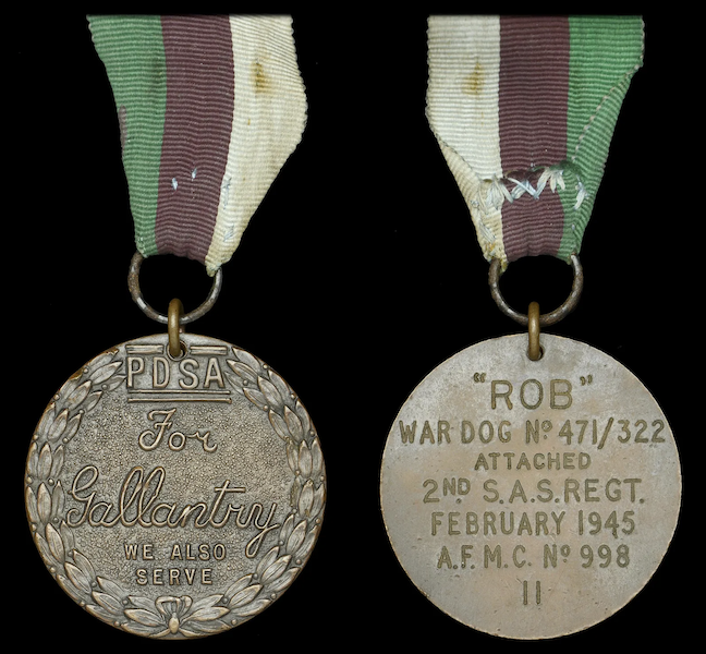 P.S.D.A. Dickin Medal for Gallantry awarded to War Dog Rob for his service to Britain and the Allies during World War II. Rob, a black-and-white collie-retriever, completed 20 parachute jumps in North Africa and Italy. The War Dog Rob lot sold for a hammer price of £140,000 (about $155,000), marking a new world auction record for a Dickin medal. Image courtesy of Noonans and LiveAuctioneers