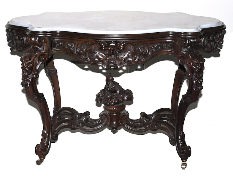 Laminated rosewood parlor table by J. & J. Meeks, estimated at $7,500-$15,000