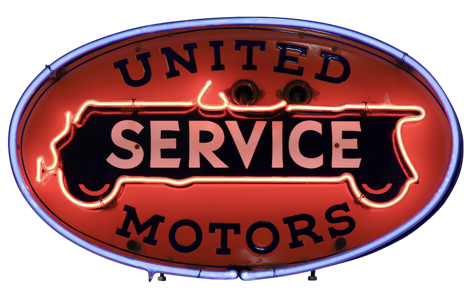 American-made 1930s United Motors Service single-sided porcelain neon sign, estimated at CA$20,000-$25,000