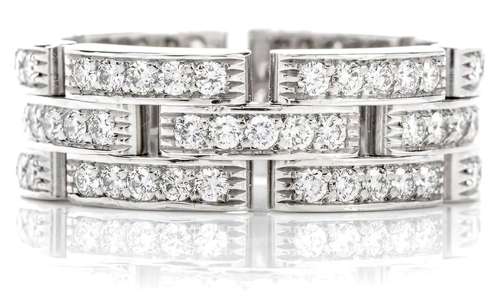 Cartier platinum Maillon three-row diamond ring, estimated at $5,000-$7,000