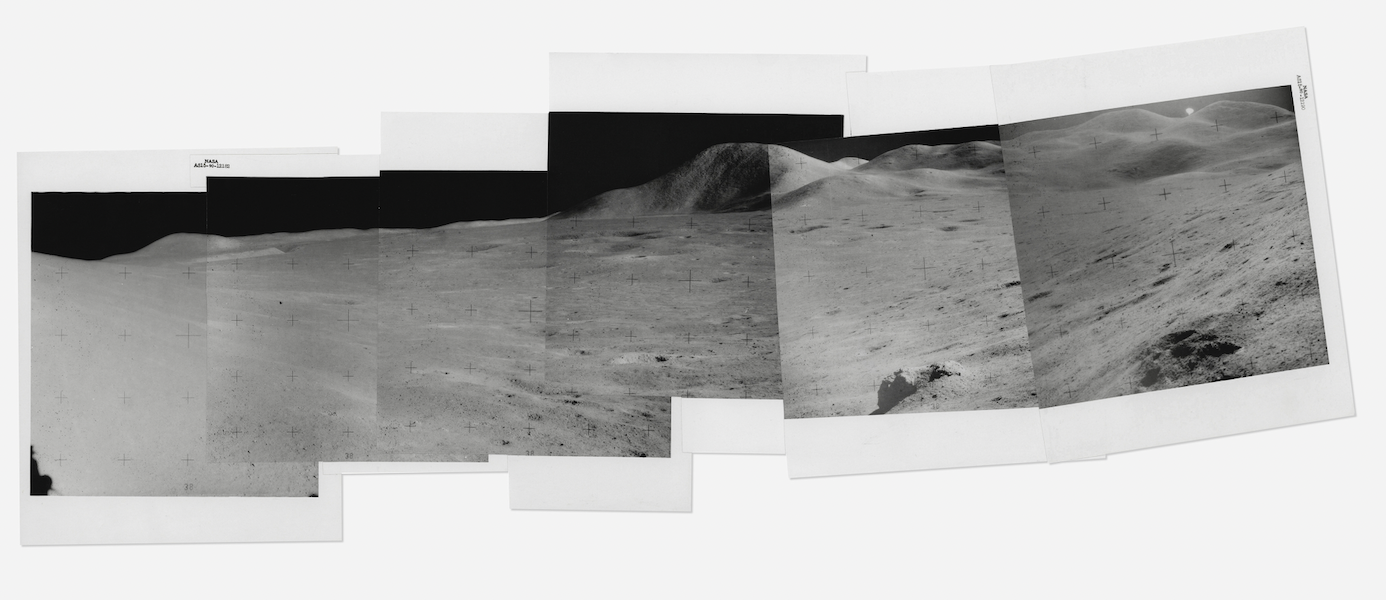 Panorama of the majestic valley of Hadley Apennine, as seen from the green boulder at station 6A, James Irwin, Apollo 15, July 26 – August 7, 1971, EVA 2, 145:07:16 GET (six photos), estimated at $3,000-$5,000
